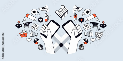 Hands Holding Smartphones Surrounded By Various Icons Vector Illustration