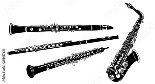 Black and white illustration of various musical wind instruments with illustration four different performance saxophone orchestra classical with clarinet