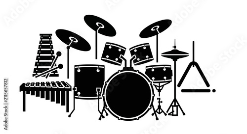 Black drum kit and percussion instruments on white background with black graphic drum set cymbals cymbals bass xylophone drumstick triangle with music