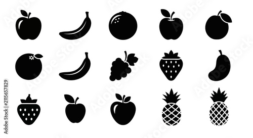 Collection of black fruit icons on white background with including apples bananas bananas berries arranged strawberries pineapples graphics with oranges