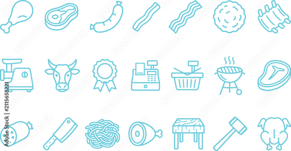 Fototapeta premium Meat and Butcher Shop Icon Set for Barbecue, Fresh Cuts, Grocery and Restaurant Menu Design
