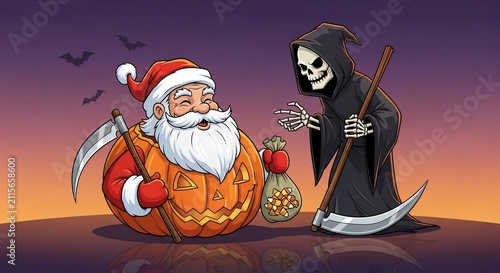 Spooky Santa's Harvest Exchange: A Whimsical Autumnal Illustration with Grinning Ghouls & Candy Corn Dreams.