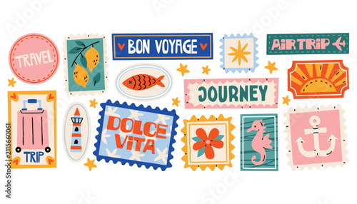Set of colorful hand drawn summer travel stamps and stickers featuring vacation themes like sun lemon fish and ocean life icons
