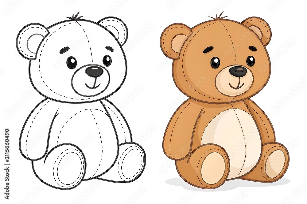 Fototapeta premium Cute teddy bear sitting next to its line drawing sketch