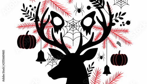 Obraz na plátně Stylized deer silhouette adorned with spooky halloween elements and festive wint