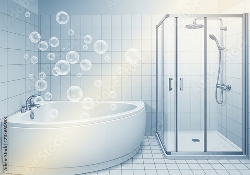 Serene Bathroom Bliss: Bubbles Ascend in Soft Blue Tiled Haven