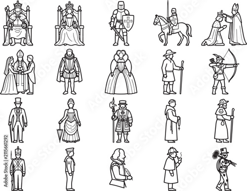 A collection of line art illustrations depicts various historical figures and royalty, showcasing different eras and social standings in a stylized and graphic manner.