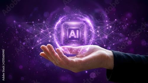 Open palm hand holding glowing purple AI artificial intelligence hologram icon with network data sphere and digital connections on dark background