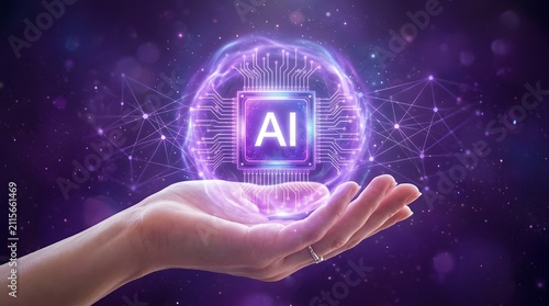 Open palm hand holding glowing purple AI artificial intelligence hologram icon with network data sphere and digital connections on dark background