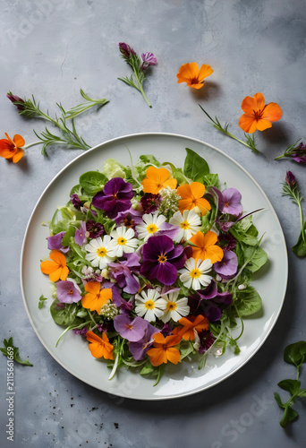 Edible flower salad with fr...