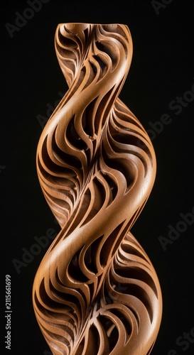 Intricate Wood Sculpture: Warm, Earthy Tones Twist in Dramatic Spotlight