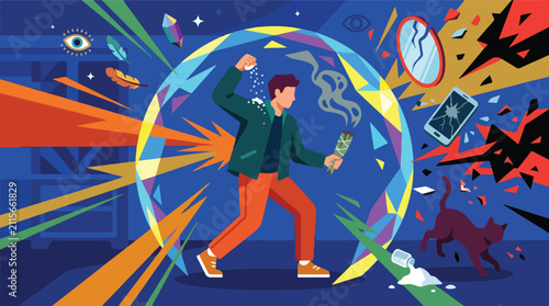 Man protecting himself from bad luck with spiritual energy shield vector. Person throwing salt and burning sage for protection. Superstition concept illustration.