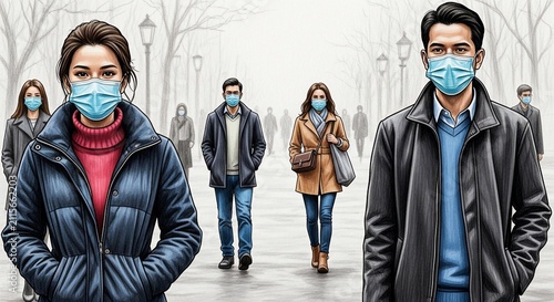 Muted Tones, Foggy Park, Masked Figures: A Quiet, Uncertain Stroll