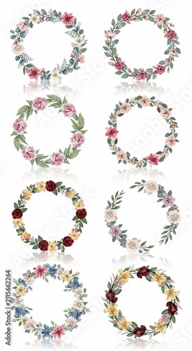 Watercolor floral wreaths: Delicate blossoms & verdant leaves, soft pastels.