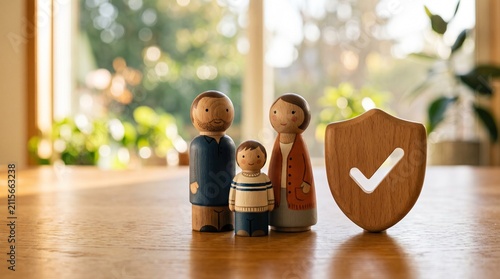 Family Protection Symbol: A wooden shield with a white checkmark symbol stands protectively beside a charming peg doll family, representing security and insurance.