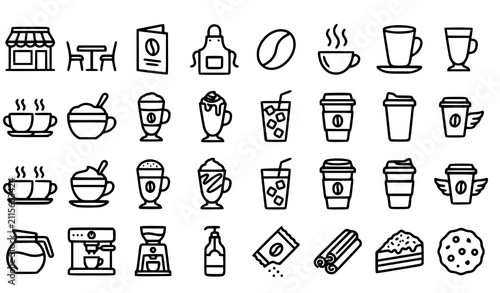 Bild auf Leinwand Coffee Shop and Cafe Beverage Line Icons Set with Drinks Desserts and Service Sy