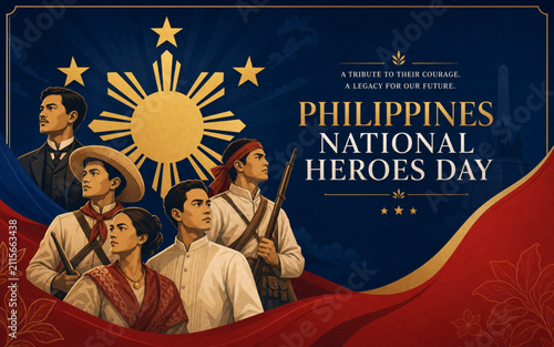 Philippines National Heroes Day Banner with Historic Heroes Silhouette and Philippine Flag Vector Illustration