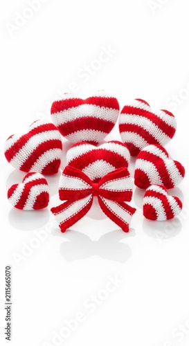 Cozy Knitted Hearts & Bow: Warm Red & White Embrace, Sweet Texture, Pure Joy