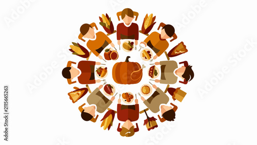 People sit in a circular arrangement around a large centerpiece to enjoy a communal meal during an autumn holiday celebration.