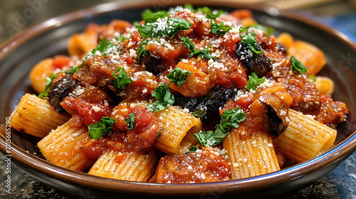 Rustic rigatoni pasta alla norma with eggplant basil and pecorino in chunky tomato sauce for food menu hero image and banner use