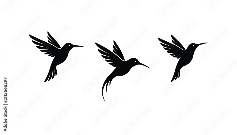 Fototapeta premium Trio of black hummingbird silhouettes depicted in various graceful flying postures with slender beaks and elegant outstretched wings.