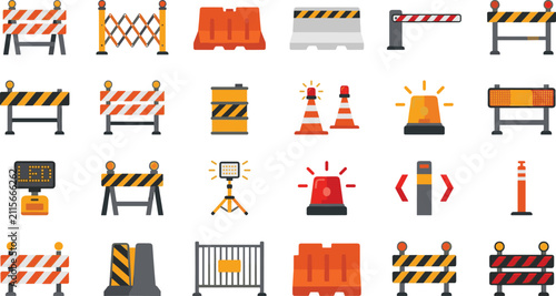 Traffic Control and Road Construction Barrier Vector Icon Set with Safety Cones Barricades Warning Lights Fences and Industrial Gate Elements