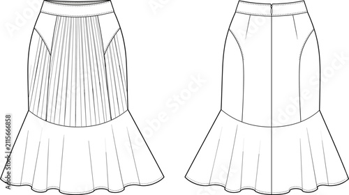 Fotografie Fashion flat sketch technical drawing template of a women trumpet skirt with hig