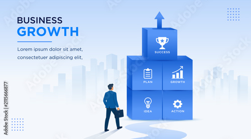 Business, Growth, Strategy, Success, Vector illustration with business blocks showing idea, plan, action, and growth. Modern corporate concept for leadership, business development, workflow