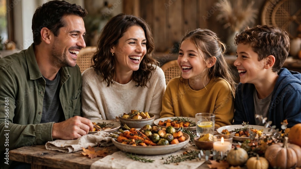 Fototapeta premium Family gathers around the table to enjoy food and laughter during a festive meal in a cozy home setting