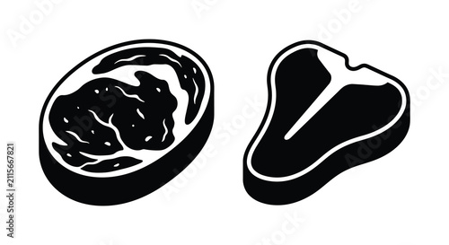 Two Cuts Of Beef Steak Black Silhouette Against A White Background meat