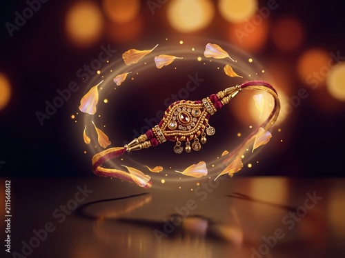 Ornate rakhi floating in magical bokeh with golden petals and glowing particles for raksha bandhan greeting poster and festive jewelry promotion background