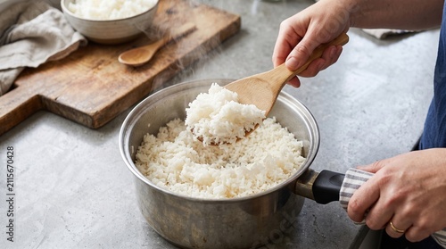 Close up of person using wooden spoon to serve steamed white rice from pot in home kitchen with carbohydrate, stovetop