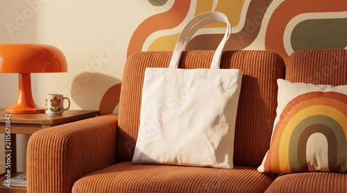 Horizontal blank canvas tote bag mockup resting on an orange corduroy sofa in a retro 70s living room