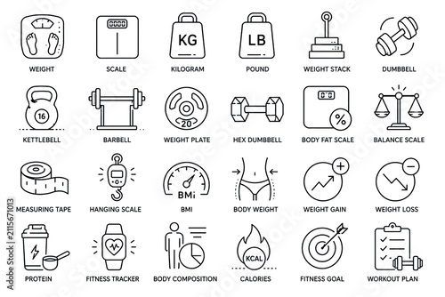 This weight-themed line icon set features icons representing weights, scales, kilograms, pounds, dumbbells, and more; available as vector graphics.