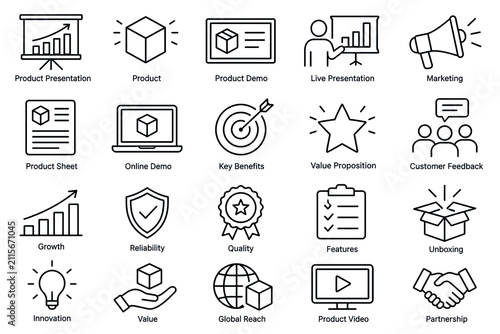 Line-style icon set for product presentation topics.