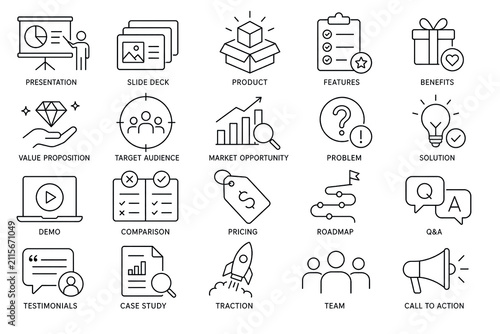 Line-style icon set for product presentation topics.