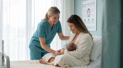 World Breastfeeding Week Hospital Nurse Supporting New Mother Breastfeeding Newborn in Clean Teal Toned Maternity Ward Room