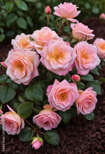 Pink and peach rose bush wi...