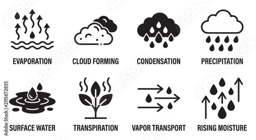 Water cycle process icons with clear labels for evaporation and precipitation.