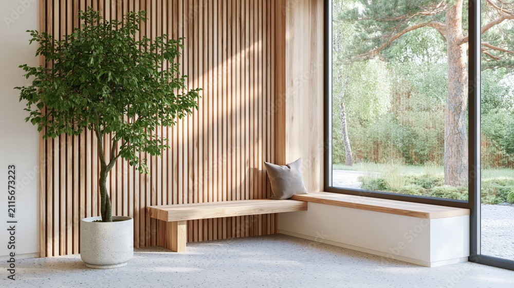 Fototapeta premium Modern interior with a wooden bench and a potted plant next to a large window showcasing lush greenery.