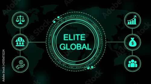 Glowing teal elite global text centered within a circular digital interface surrounded by financial and a dark map background