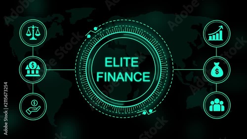 Neon teal elite finance text centered inside a circular digital interface with surrounding financial and a dark map background