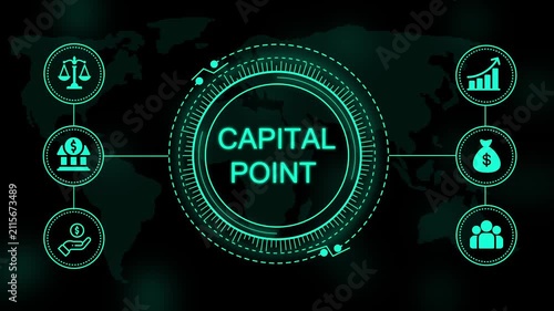 Digital interface with glowing cyan text capital point surrounded by circular of scales bank building money bag growth chart and group of people
