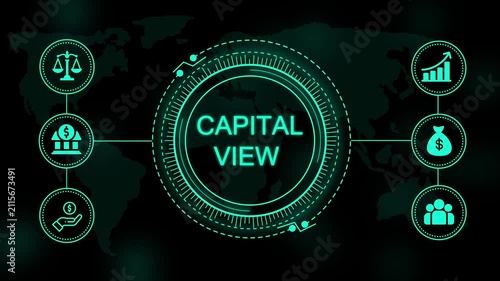Glowing cyan digital interface with text capital view surrounded by circular of scales bank building money bag growth chart and group of people