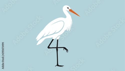 Minimalist vector illustration of a graceful white egret standing on one leg against a calm, pale blue background for nature themes.