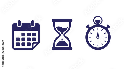Time and schedule management icons featuring a calendar an hourglass a stopwatch for productivity tracking calendar hourglass stopwatch schedule management productivity