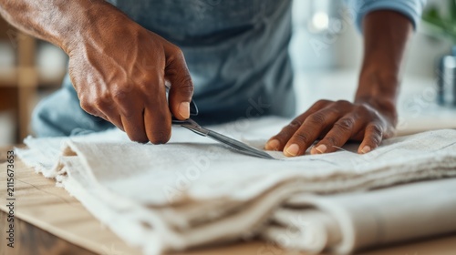 Independent clothing maker cutting multiple fabric layers with scissors on a worktable for tailoring and garment production workflow