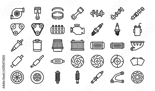 Foto Title:
Automotive Car Parts Line Icon Set with Engine Brake Suspension and Exhau