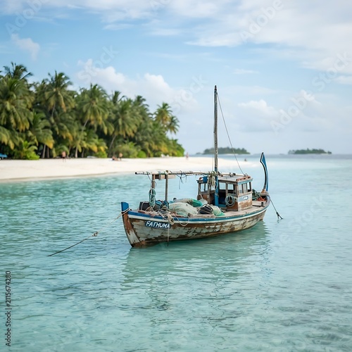 An old wooden fishing boat named fathuma anchored in shallow turquoise water near a white sand beach lined with lush green palm trees