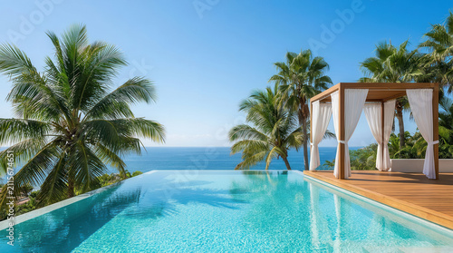 Hyper-realistic 8K architectural photography of a luxurious modern infinity pool villa overlooking a crystal-clear turquoise ocean. Minimalist white architecture with an elegant gazebo,